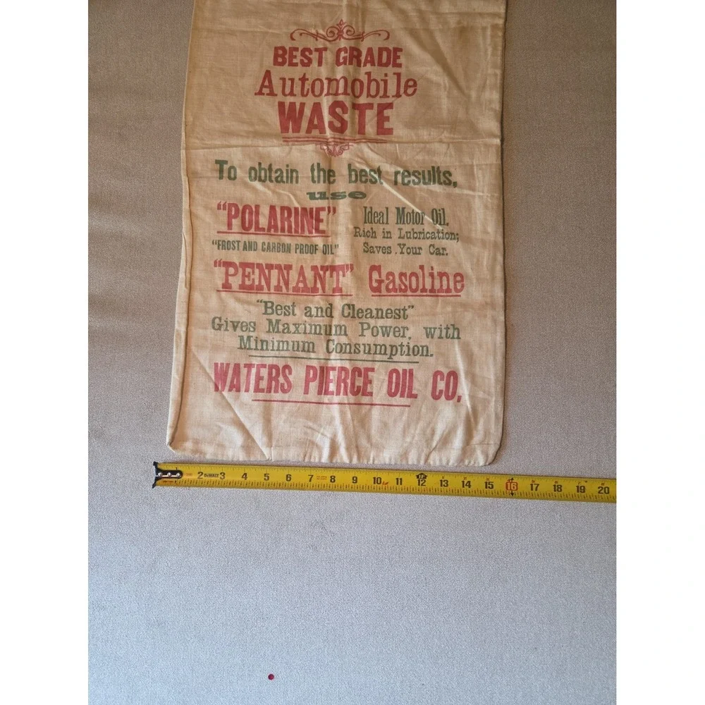 Rare Antique 1910s Waters Pierce Oil Co Automobile Waste Cloth Bag Sign Petrolia